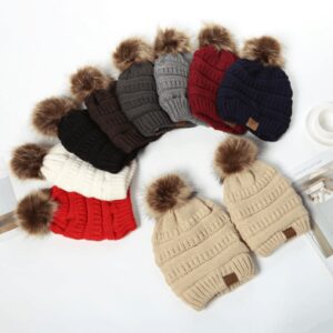 Lined Winter Hats with Pom Pom (Adult and Kid Sizes)
