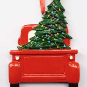 Red Pickup with Tree Ornament